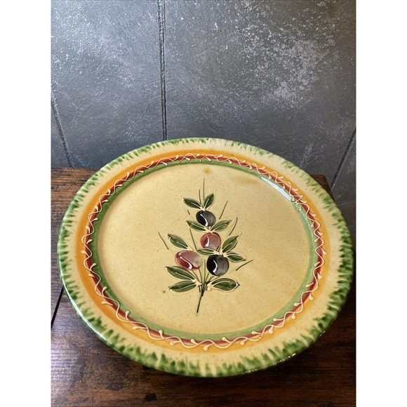 Footed Serving Plate Tuscan Olive Design Yellow Green Red
